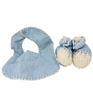 Holly Baby Blue Gingham Baby Bib & Booties Set With Soft Terry Lining